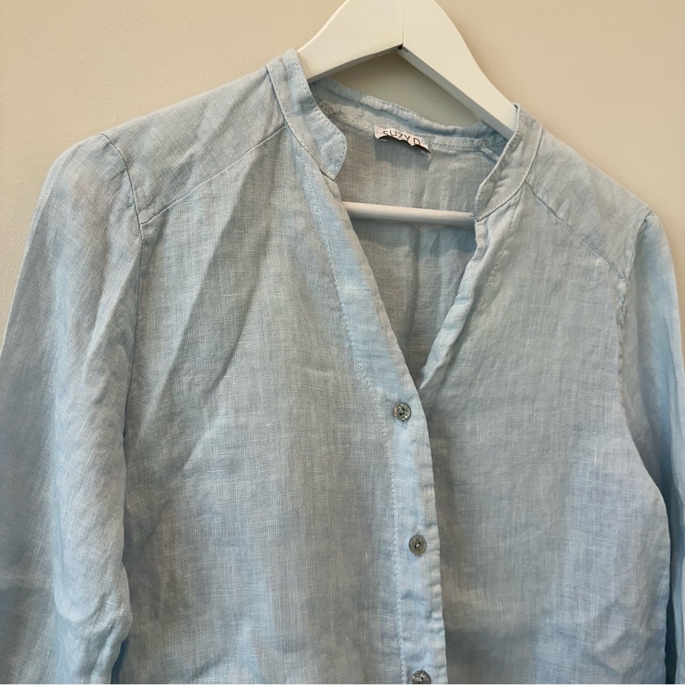 Suzy D Madison Linen V Neck Shirt Blouse Button Up Beach Career Casual Natural - Picture 4 of 13